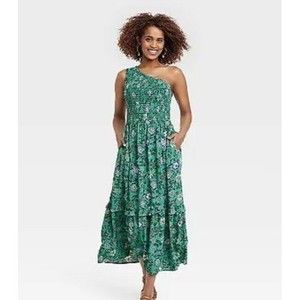 Knox Rose Women's One Shoulder A Line Maxi Dress Green Floral Plus Size 3X